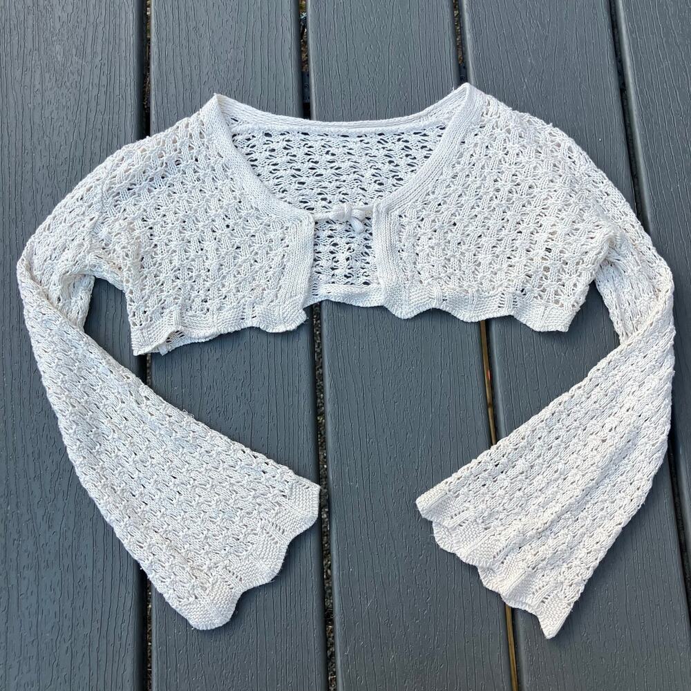 White crochet cropped shrug cardigan, cottagecore Y2K fairy boho chic bohemian